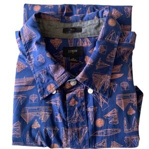 J. Crew Slim Fit Short Sleeve Button Down Shirt XL Sailboat‎ Print Navy Orange